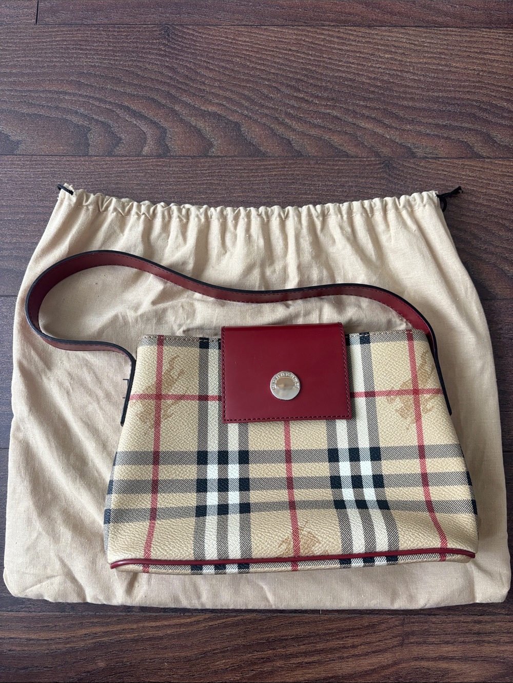 Burberry Beige Check Mini Shoulder Bag with Red Trim